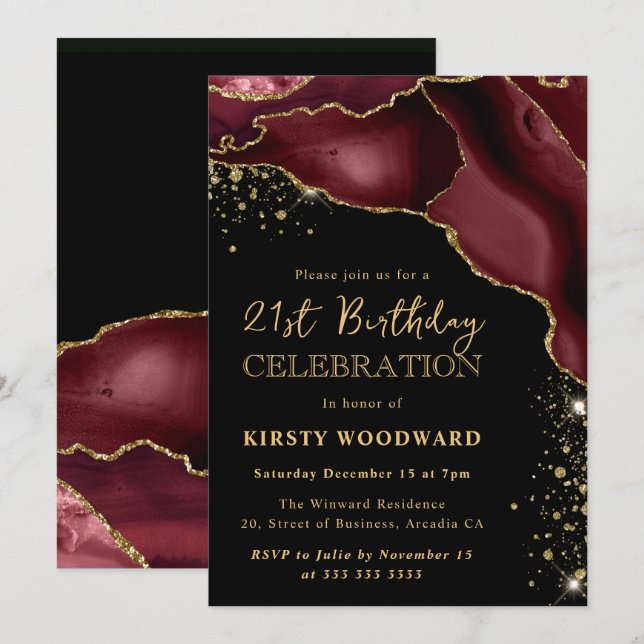 Burgundy Red and Gold Glitter Agate 21st Birthday Invitation (Front/Back)