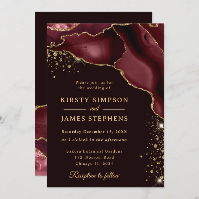 Burgundy Red and Gold Glitter Agate Wedding Invitation (Front/Back)