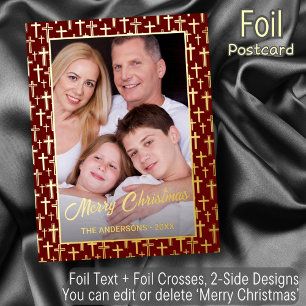 Burgundy Red and Gold Holly Cross Photo Frame Text Foil Holiday Postcard
