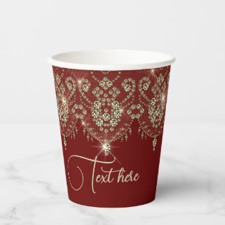 Burgundy red and gold lace elegant sparkle paper cups