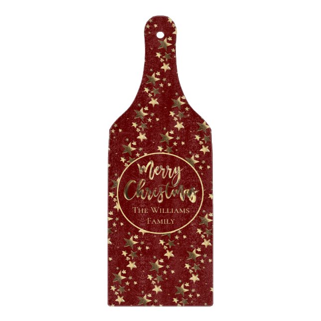 Burgundy Red and Gold Look Stars Merry Christmas Cutting Board (Front)
