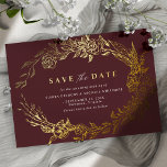 Burgundy Red and Gold | Luxe Floral Save the Date<br><div class="desc">Elegant save the date cards with real metallic foil. Vintage-style florals frame your details. Gold on a contrasting dark red background.</div>