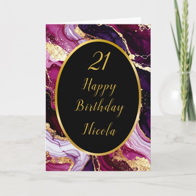 Burgundy Red and Gold Marble Agate Birthday Party Card (Front)