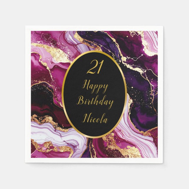 Burgundy Red and Gold Marble Agate Birthday Party Napkin (Front)