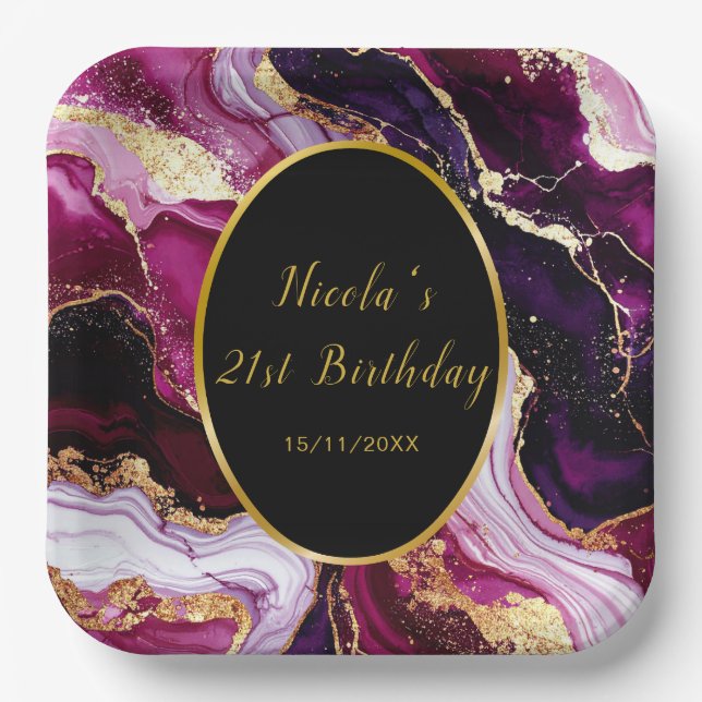 Burgundy Red and Gold Marble Agate Birthday Party Paper Plate (Front)