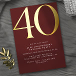 Burgundy Red and Gold | Modern Luxe 40th Birthday<br><div class="desc">Modern minimal style 40th birthday invitations with heading "40" text in real metallic foil. Your event details are printed in matte white. Gold accents on a dark red background.</div>