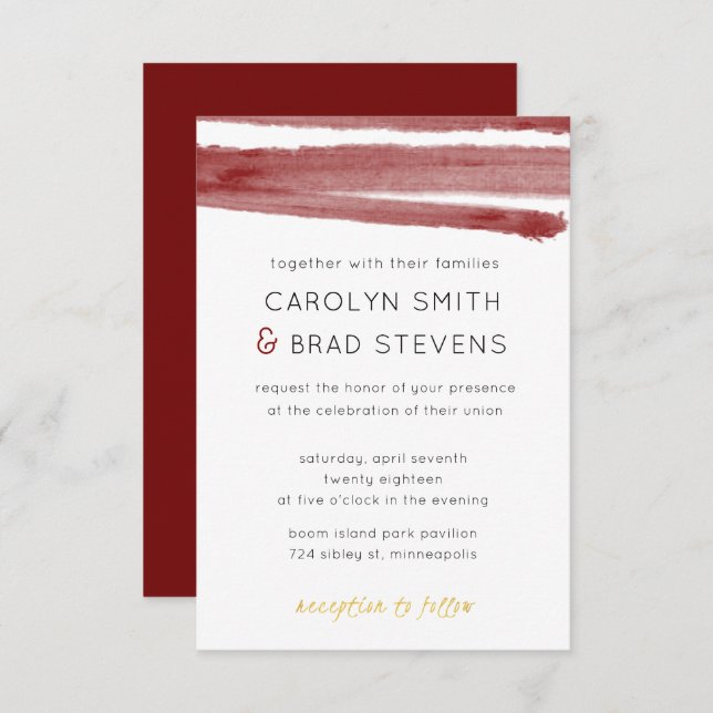 Burgundy Red and Gold Modern Watercolor Wedding Invitation (Front/Back)