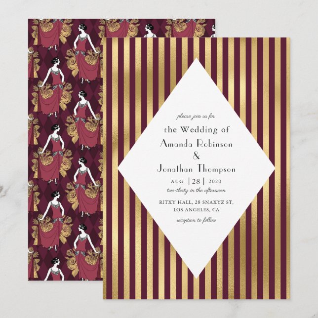 Burgundy Red and Gold Paris Art Deco Wedding Invitation (Front/Back)