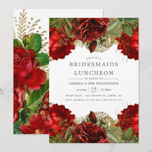 Burgundy Red and Gold Vintage Bridesmaids Luncheon Invitation