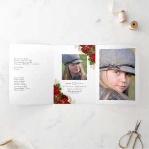 Burgundy Red and Gold Vintage Roses Quinceañera Tr Tri-Fold Invitation