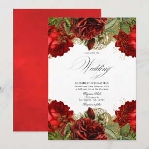 Burgundy Red and Gold Vintage Shabby Roses Wedding Invitation