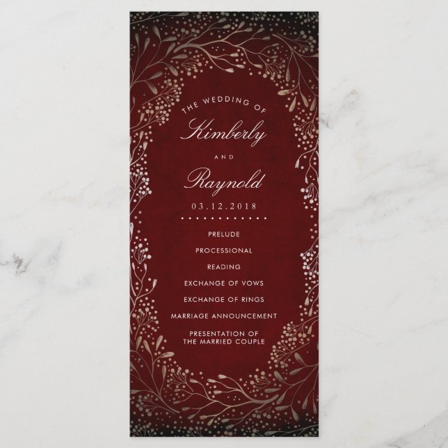 Burgundy Red and Gold Vintage Wedding Programs (Front)