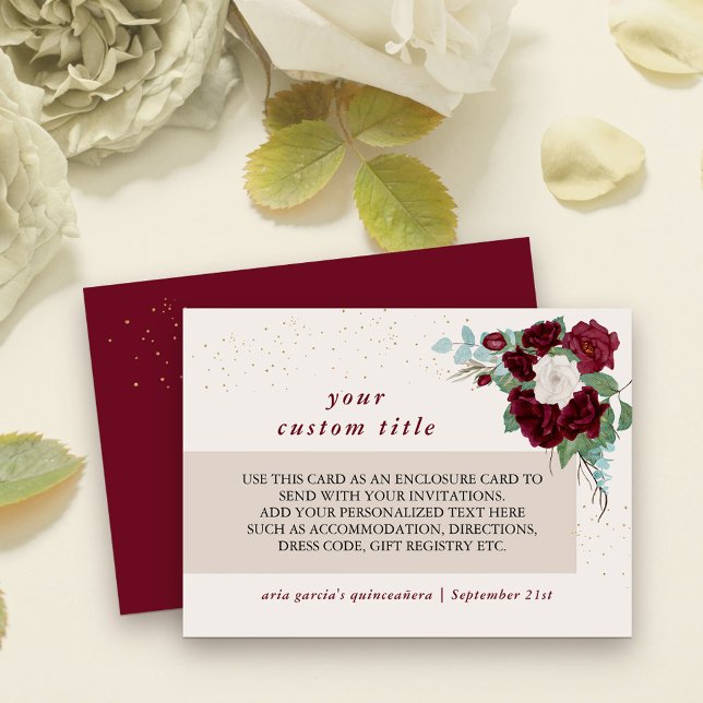 Burgundy Red and Ivory Rose Custom Details Enclosure Card (Enclosure Card with fully editable text for reception details or any other additional information)