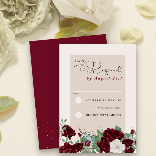 Burgundy Red and Ivory Rose Elegant Floral RSVP Card (RSVP cards with elegant calligraphy and floral border of burgundy red and ivory roses)