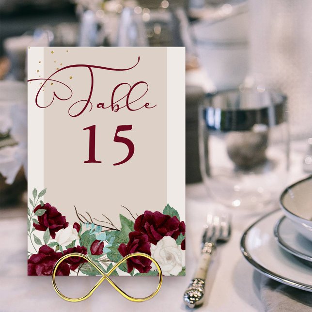 Burgundy Red and Ivory Rose Elegant Floral Table Number (Table Number Card with elegant calligraphy and border of burgundy red and ivory roses)