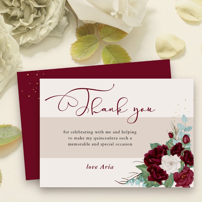 Burgundy Red and Ivory Roses Elegant Calligraphy Thank You Card (Elegant Thank You card with sweet calligraphy and burgundy red and ivory rose blooms)