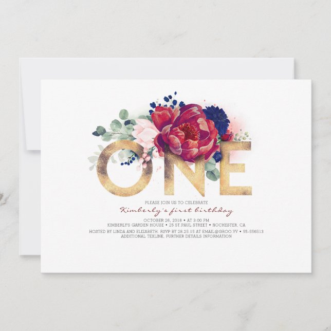 Burgundy Red and Navy Blue Floral 1st Birthday Invitation (Front)
