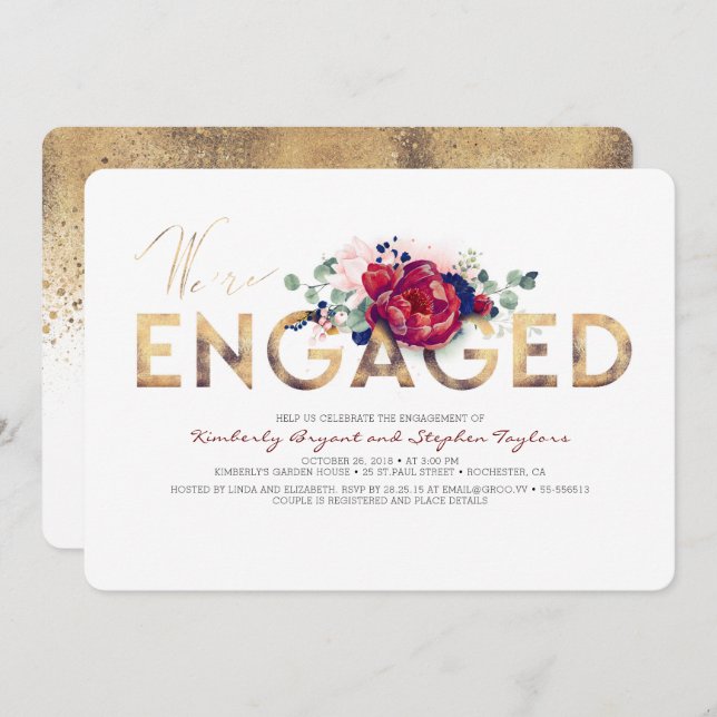 Burgundy Red and Navy Blue Floral Engagement Party Invitation (Front/Back)