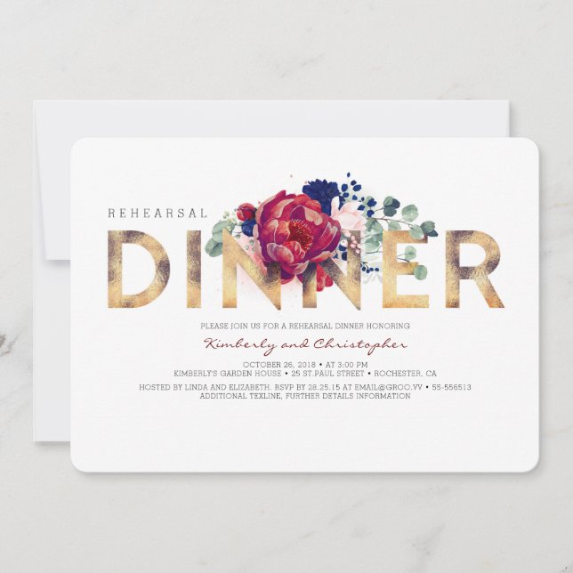 Burgundy Red and Navy Blue Floral Rehearsal Dinner Invitation (Front)