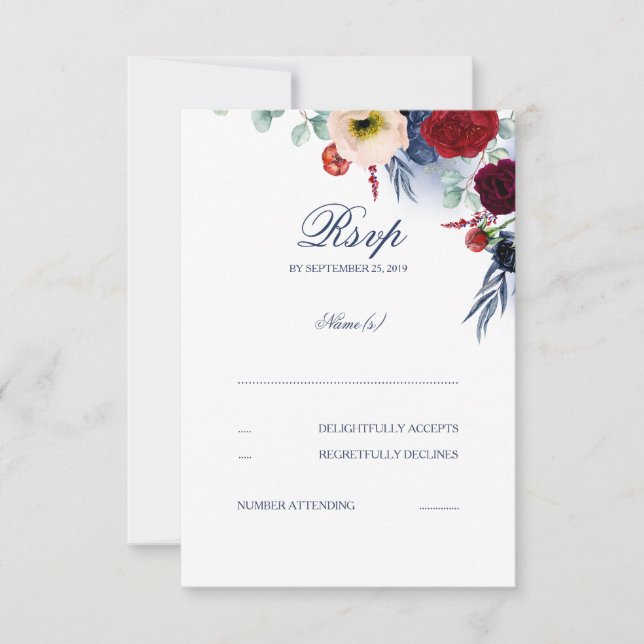 Burgundy Red and Navy Blue Floral Wedding RSVP Card (Front)