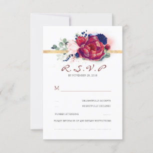 Burgundy Red and Navy Blue Floral Wedding RSVP Card