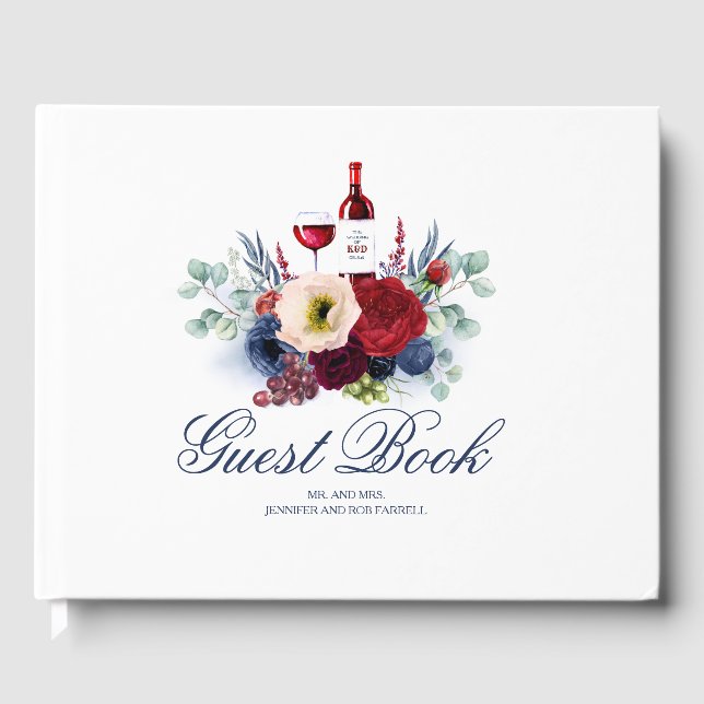 Burgundy Red and Navy Blue Floral Wine Wedding Guest Book (Front)