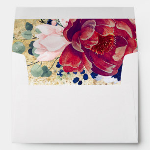 Burgundy Red and Navy Blue Flowers Gold Glitter Envelope