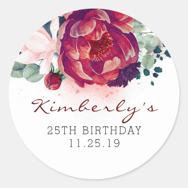 Burgundy Red and Pink Floral Birthday Classic Round Sticker (Front)