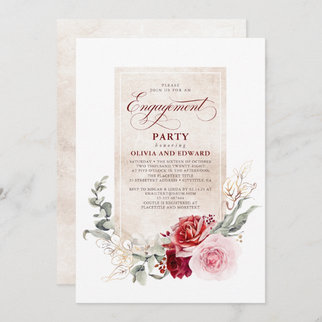 Burgundy Red and Pink Floral Engagement Party Invitation (Front/Back)