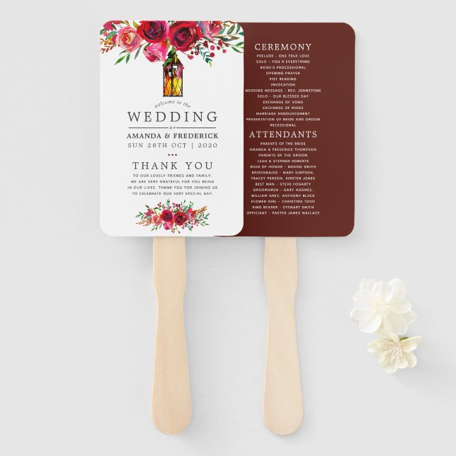 Burgundy Red and Pink Floral Wedding Program Hand Fan (Front and Back)