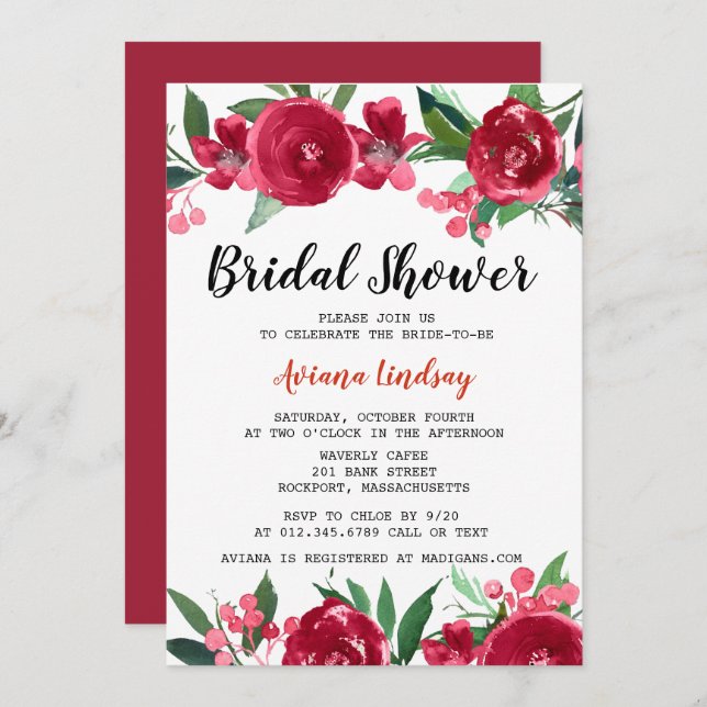 Burgundy Red and Pink Pretty Floral Bridal Shower Invitation (Front/Back)