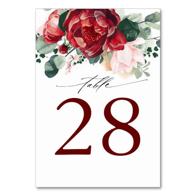 Burgundy Red and Pink Wedding Table Number Cards (Front)
