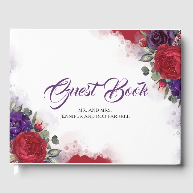 Burgundy Red and Plum Purple Floral Wedding Guest Book (Front)