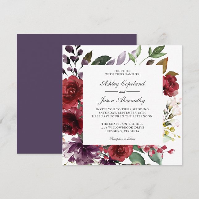 Burgundy Red and Purple Floral Romantic Wedding Invitation (Front/Back)