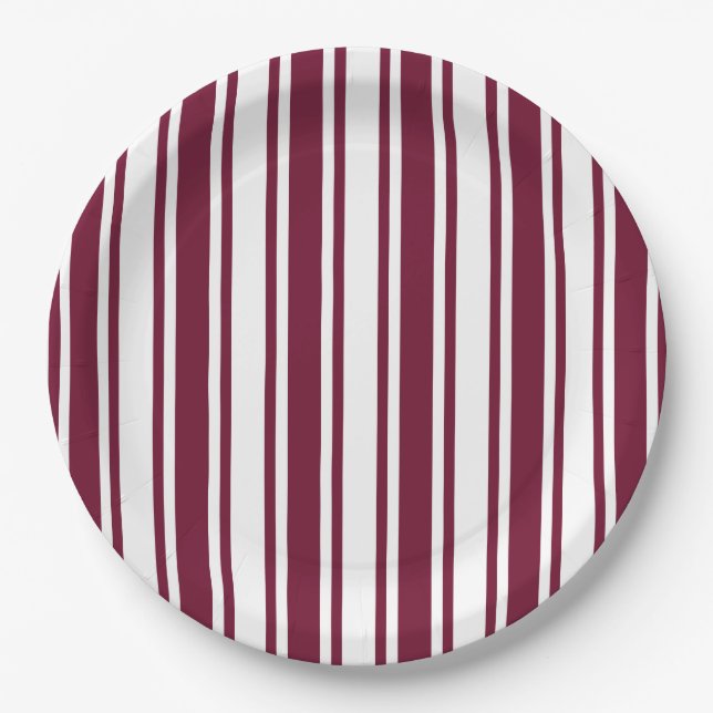 Burgundy red and white candy stripes paper plate (Front)
