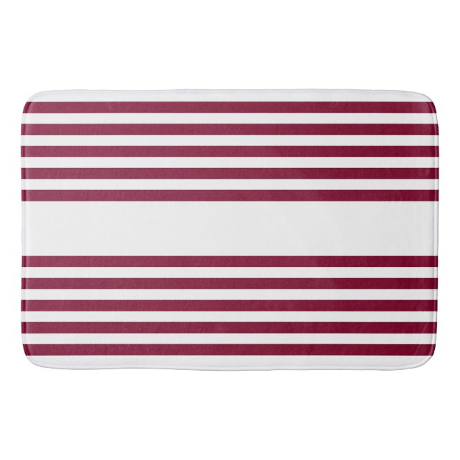 Burgundy red and white five stripe pattern bath mat (Front)