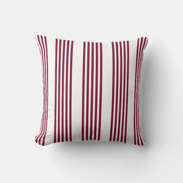 Burgundy red and white five stripe pattern cushion (Front)