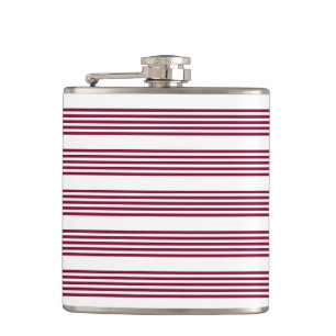 Burgundy red and white five stripe pattern hip flask