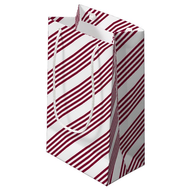 Burgundy red and white five stripe pattern small gift bag (Front Angled)