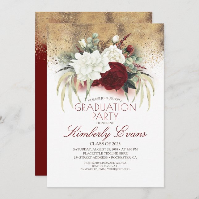 Burgundy Red and White Floral Elegant Graduation Invitation (Front/Back)