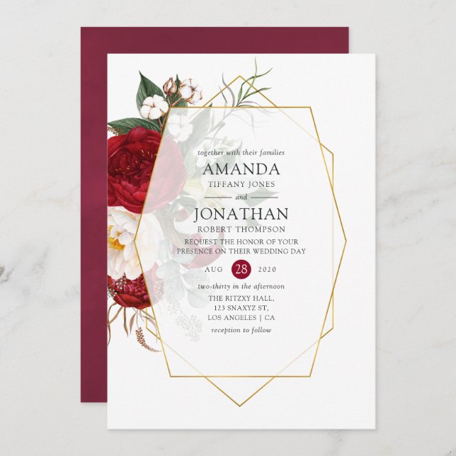 Burgundy Red and White Floral Geometric Wedding Invitation (Front/Back)
