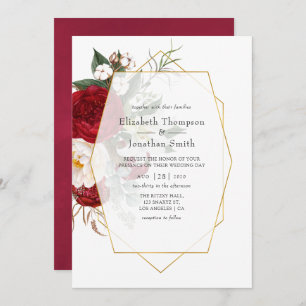 Burgundy Red and White Floral Geometric Wedding Invitation