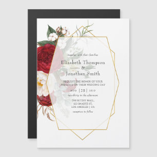 Burgundy Red and White Floral Geometric Wedding Magnetic Invitation