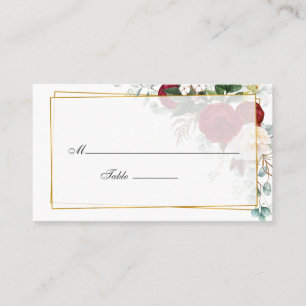 Burgundy Red and White Floral Geometric Wedding Place Card