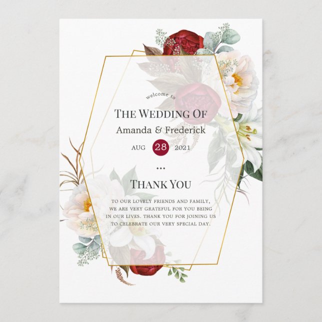 Burgundy Red and White Floral Geometric Wedding Program (Front)