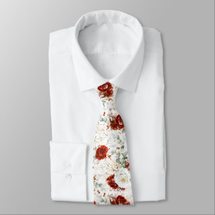 Burgundy Red and White Floral Wedding Neck Tie