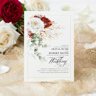 Burgundy Red and White Flowers Elegant Wedding Invitation