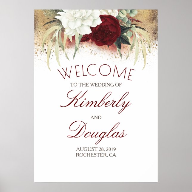Burgundy Red and White Gold Wedding Welcome Sign (Front)