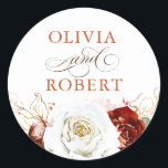 Burgundy Red and White Modern Floral Boho Wedding Classic Round Sticker<br><div class="desc">White and burgundy red floral boho wedding seals</div>