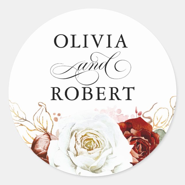 Burgundy Red and White Modern Floral Boho Wedding Classic Round Sticker (Front)